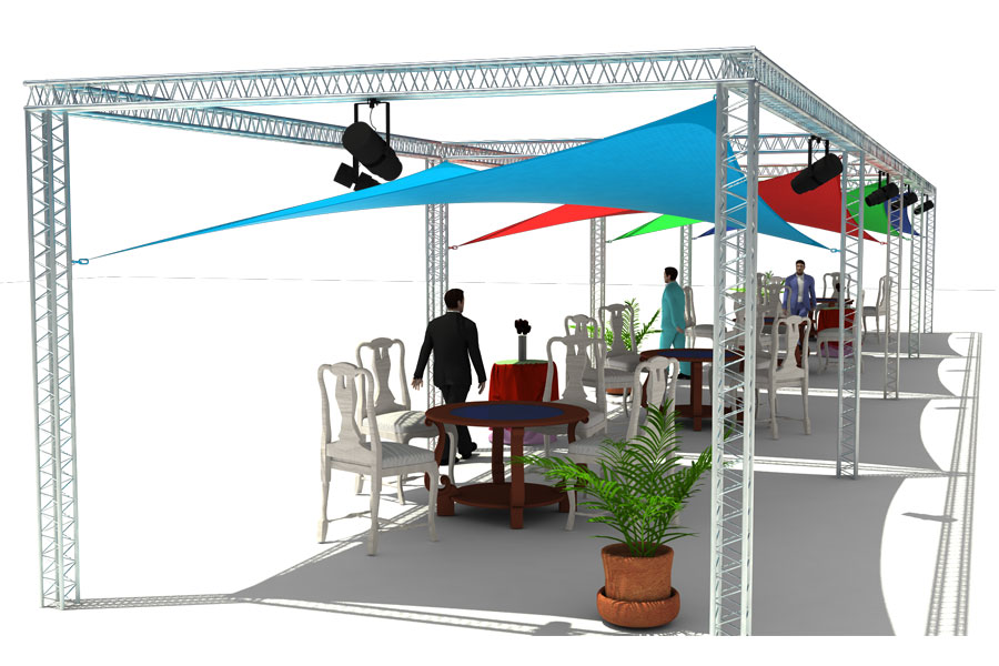 3D CAD concept of an event structure with tensile shades and seating
