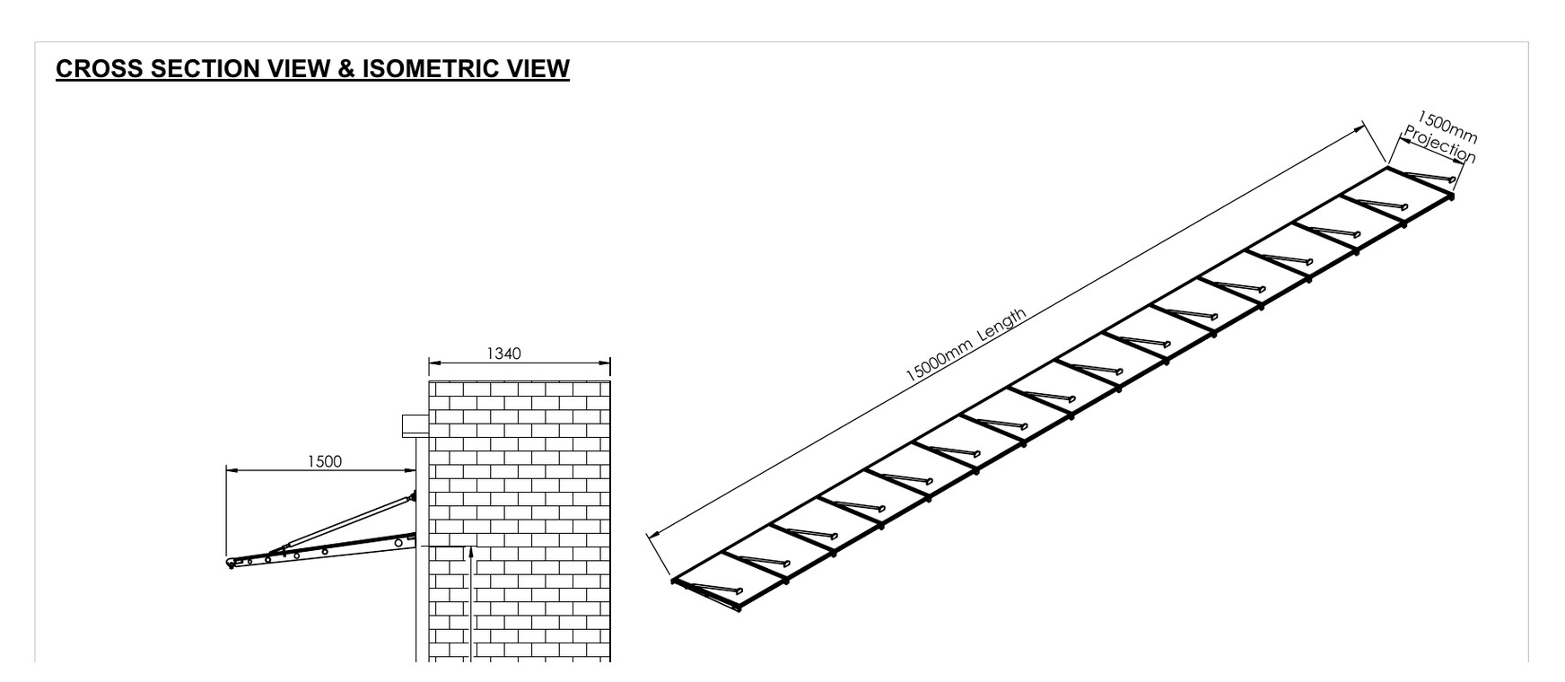 Technical cross section and isometric drawing of a long wall mounted canopy
