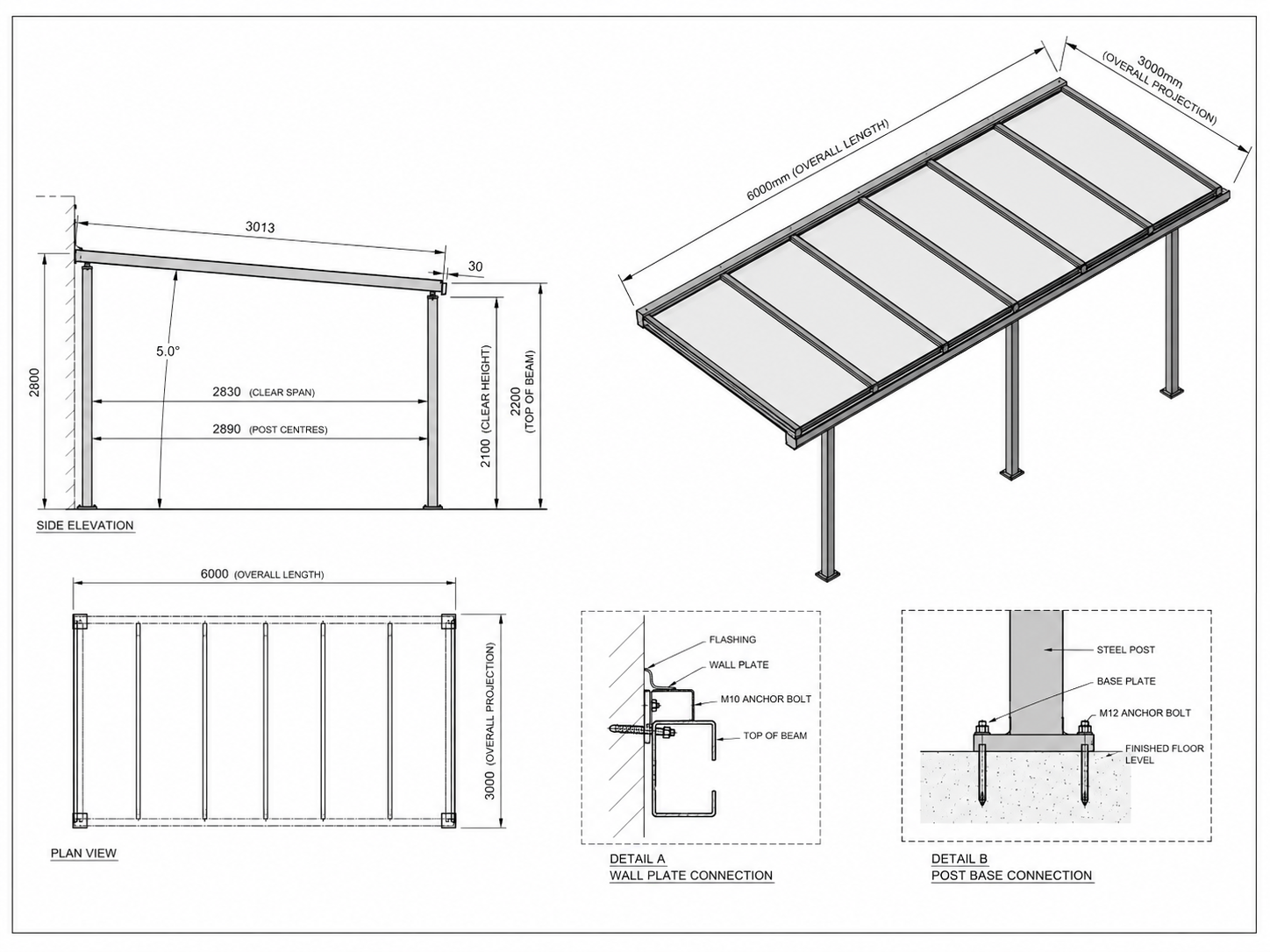 Concept CAD drawing sheet showing a realistic freestanding canopy with elevation, plan, isometric view and structural details