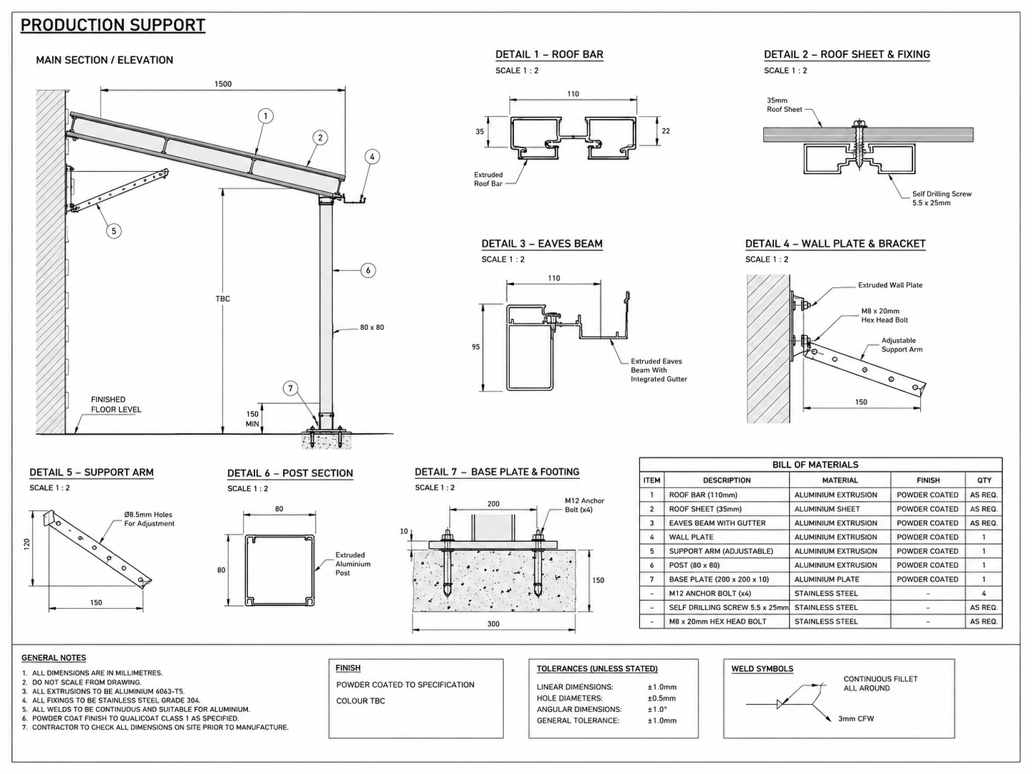 Concept production support drawing sheet showing canopy sections, component details, bill of materials and fabrication notes